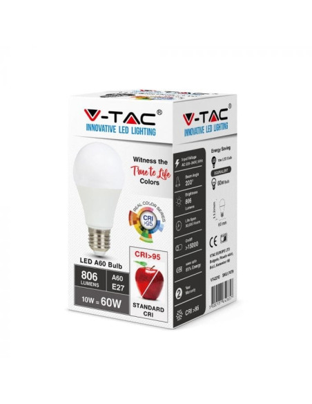 LAMPADA LED Standard A60 10W 4000K E27 CRI 95+ V-TAC 7480 - 8957480