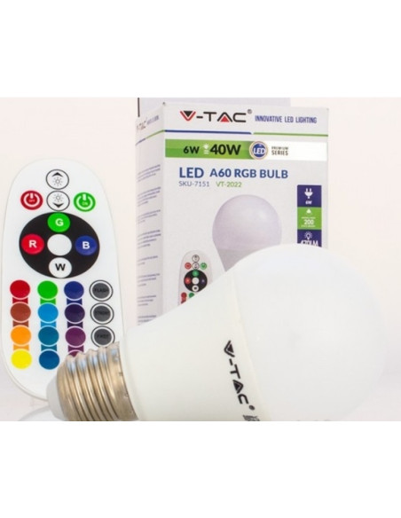 LAMPADA LED 6W RGB C/ COMANDO + 3000ºK / V-TAC 7121 - 8957121