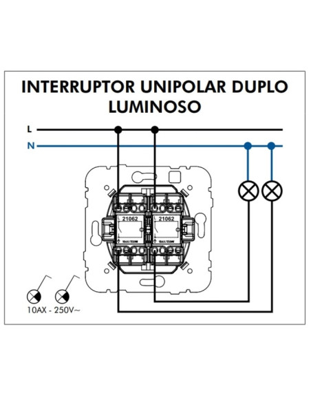 INTERRUPTOR UNIPOLAR DUPLO LUMINOSO 21066 - 21066