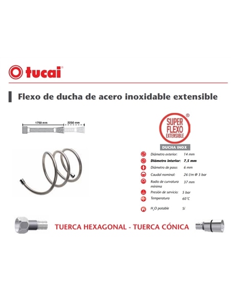 Bicha Inox extensível para Duche 1.75 - 2.30 mt TUCAI - 845315030205